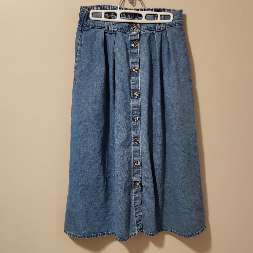 Hunt Club Women's Blue Denim Midi Skirt Button Front w Pockets Sz 14 GUC